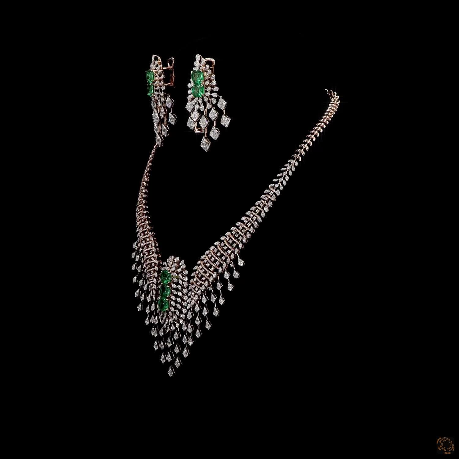 Emerald & Emerald Diamond Necklace Set in 18KT Rose Gold