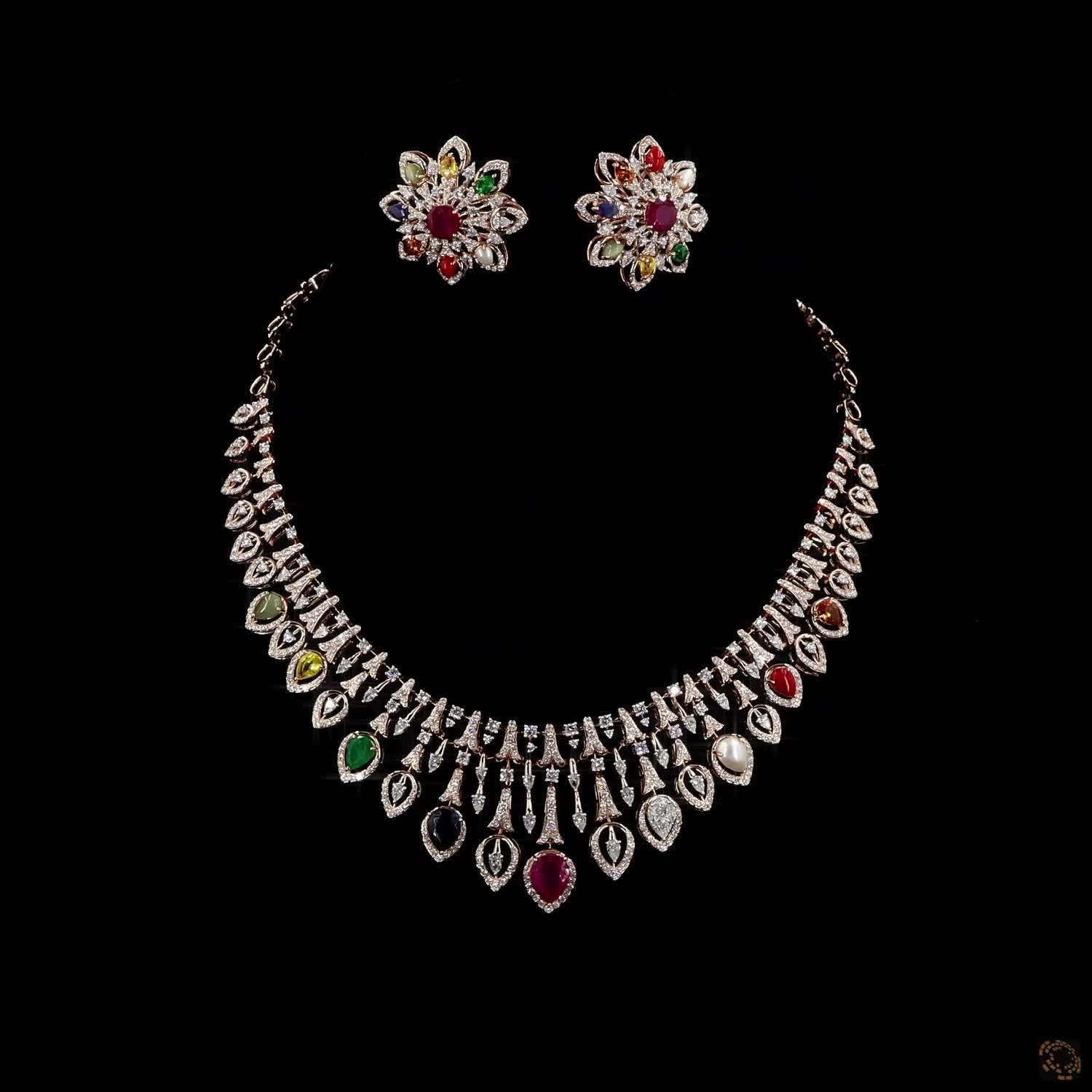 Navratna Stone & Navratna Stone Diamond Necklace Set in 18KT Rose Gold