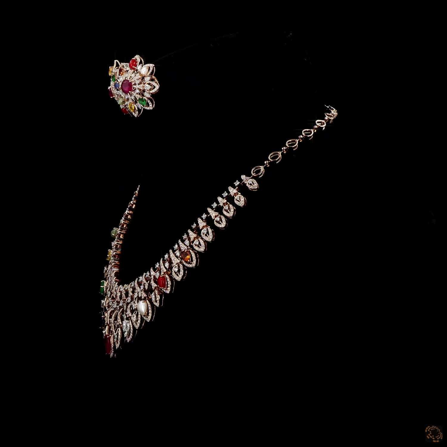 Navratna Stone & Navratna Stone Diamond Necklace Set in 18KT Rose Gold