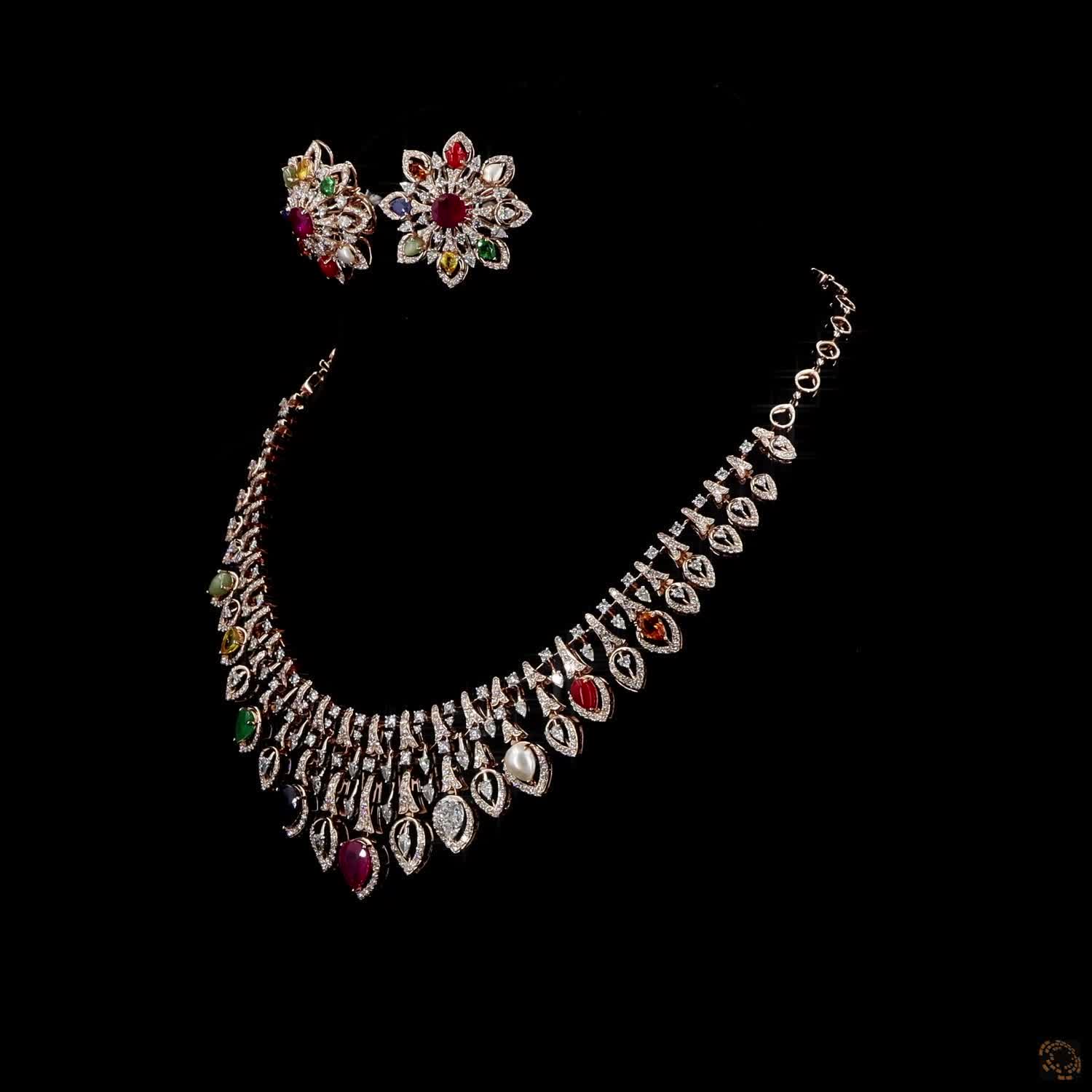 Navratna Stone & Navratna Stone Diamond Necklace Set in 18KT Rose Gold