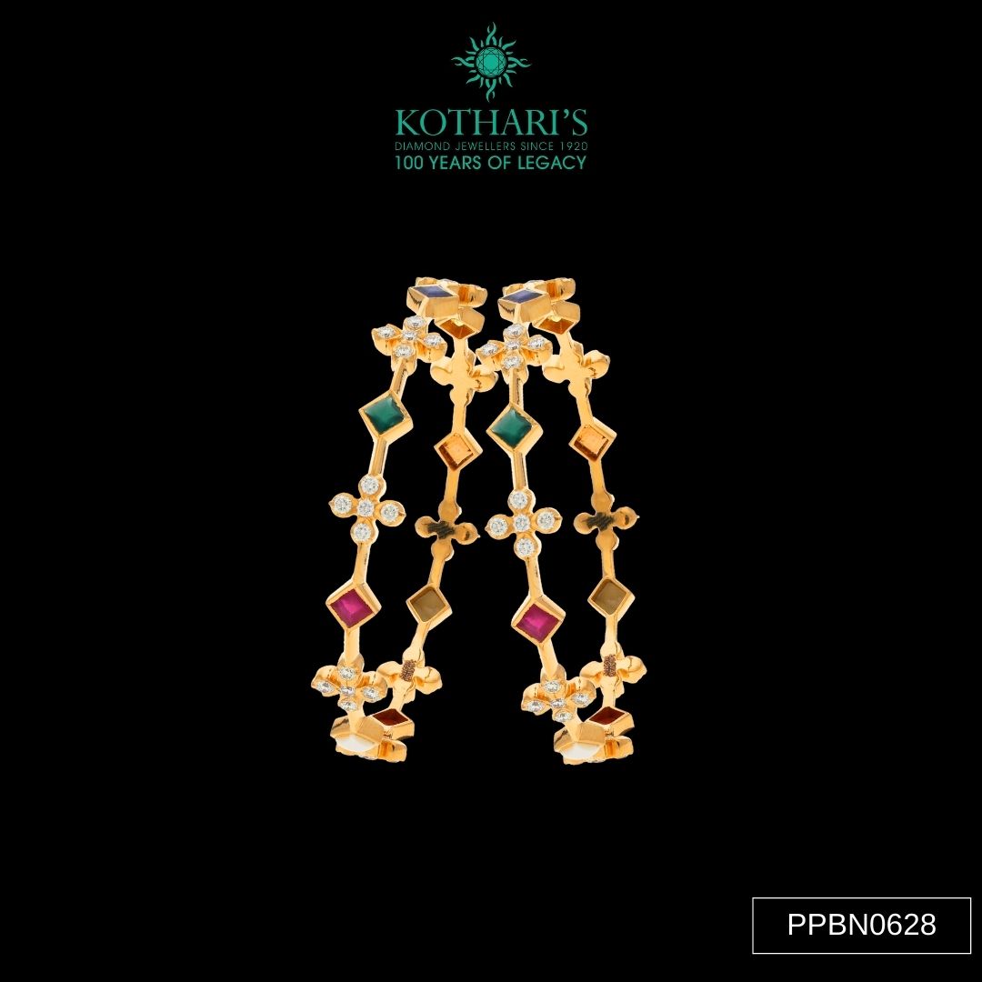 Navratna Stone Diamond Bangles in 22KT Yellow Gold