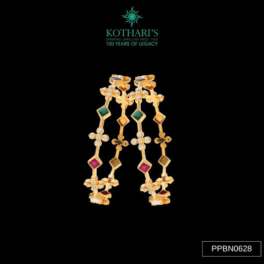 Navratna Stone Diamond Bangles in 22KT Yellow Gold