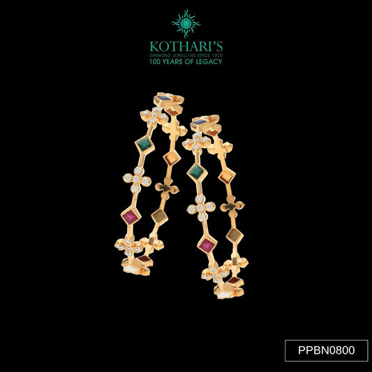 Navratna Stone Diamond Bangles in 18KT Yellow Gold