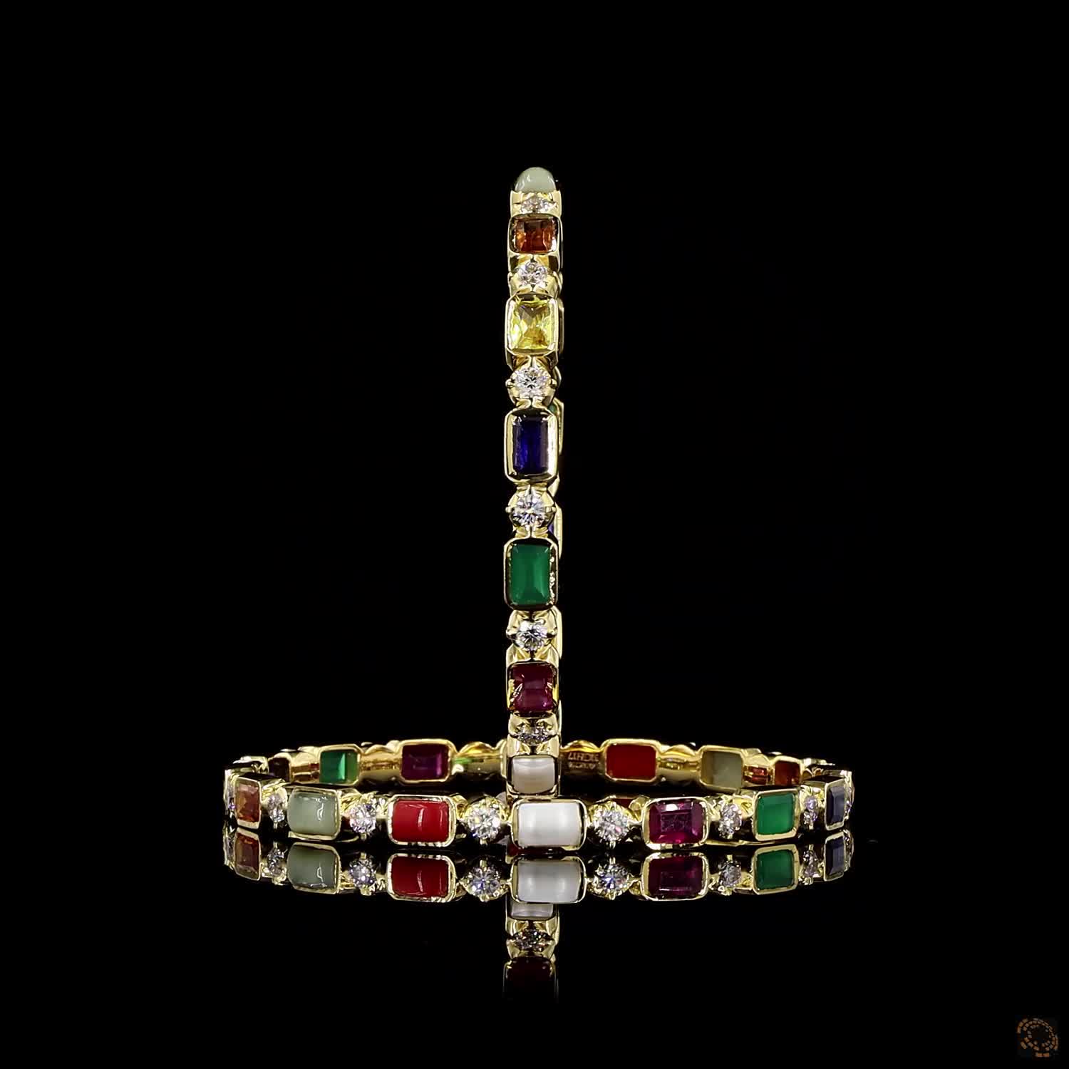 Navratna Stone Diamond Bangles in 18KT Yellow Gold
