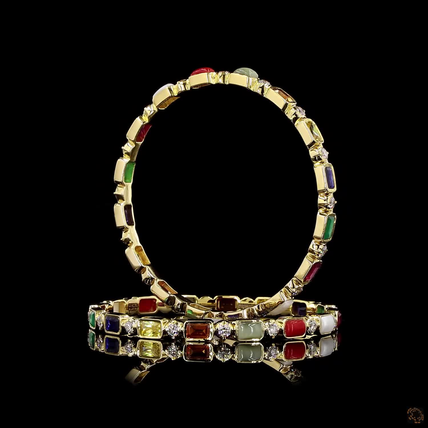 Navratna Stone Diamond Bangles in 18KT Yellow Gold