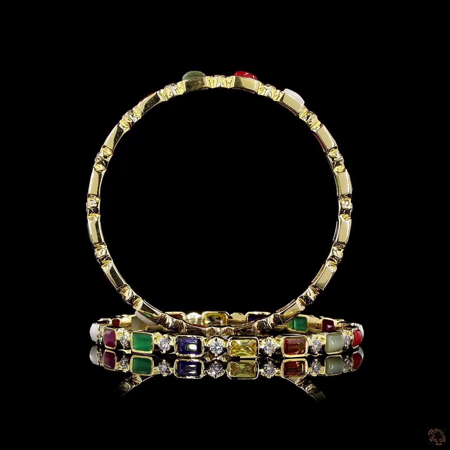 Navratna Stone Diamond Bangles in 18KT Yellow Gold