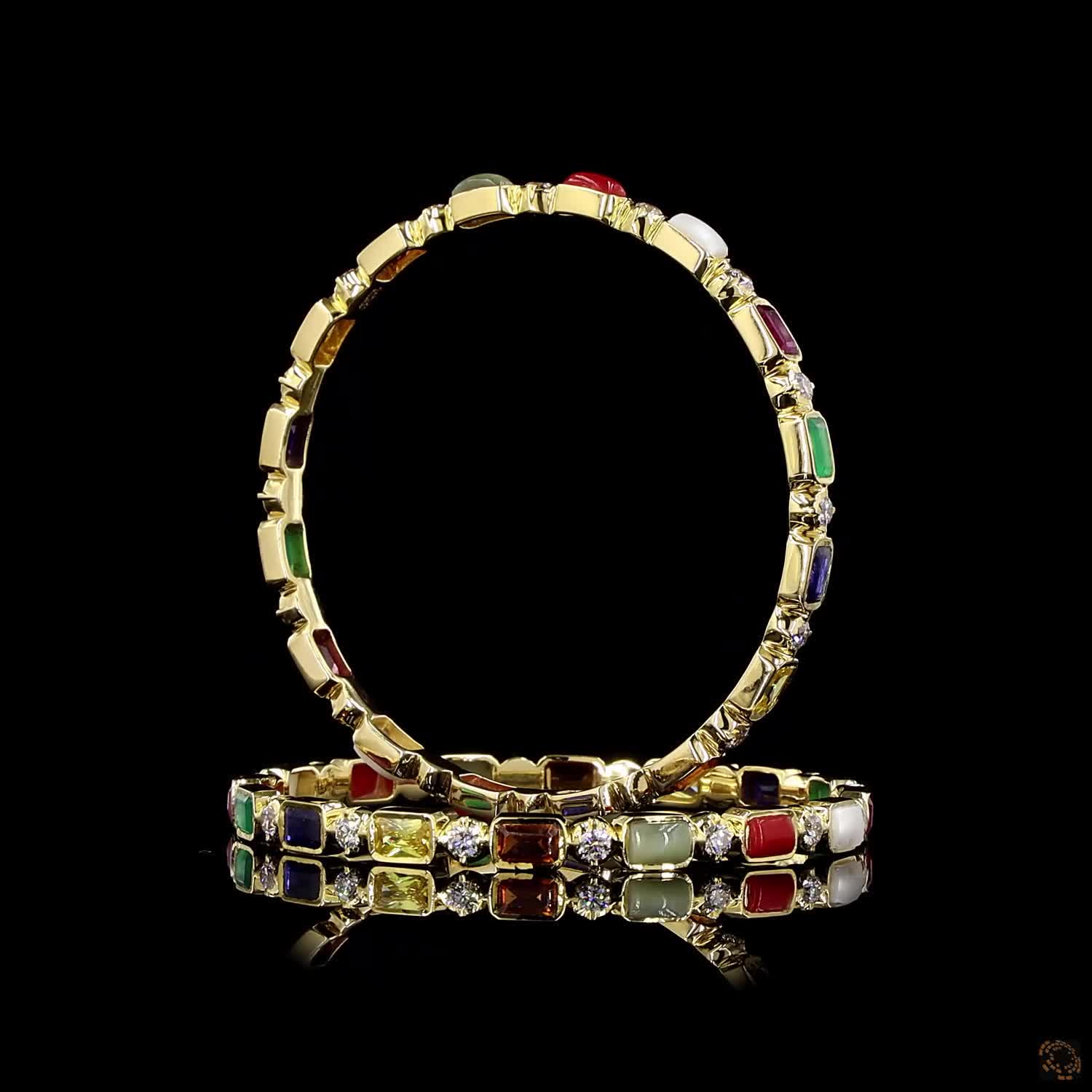 Navratna Stone Diamond Bangles in 18KT Yellow Gold