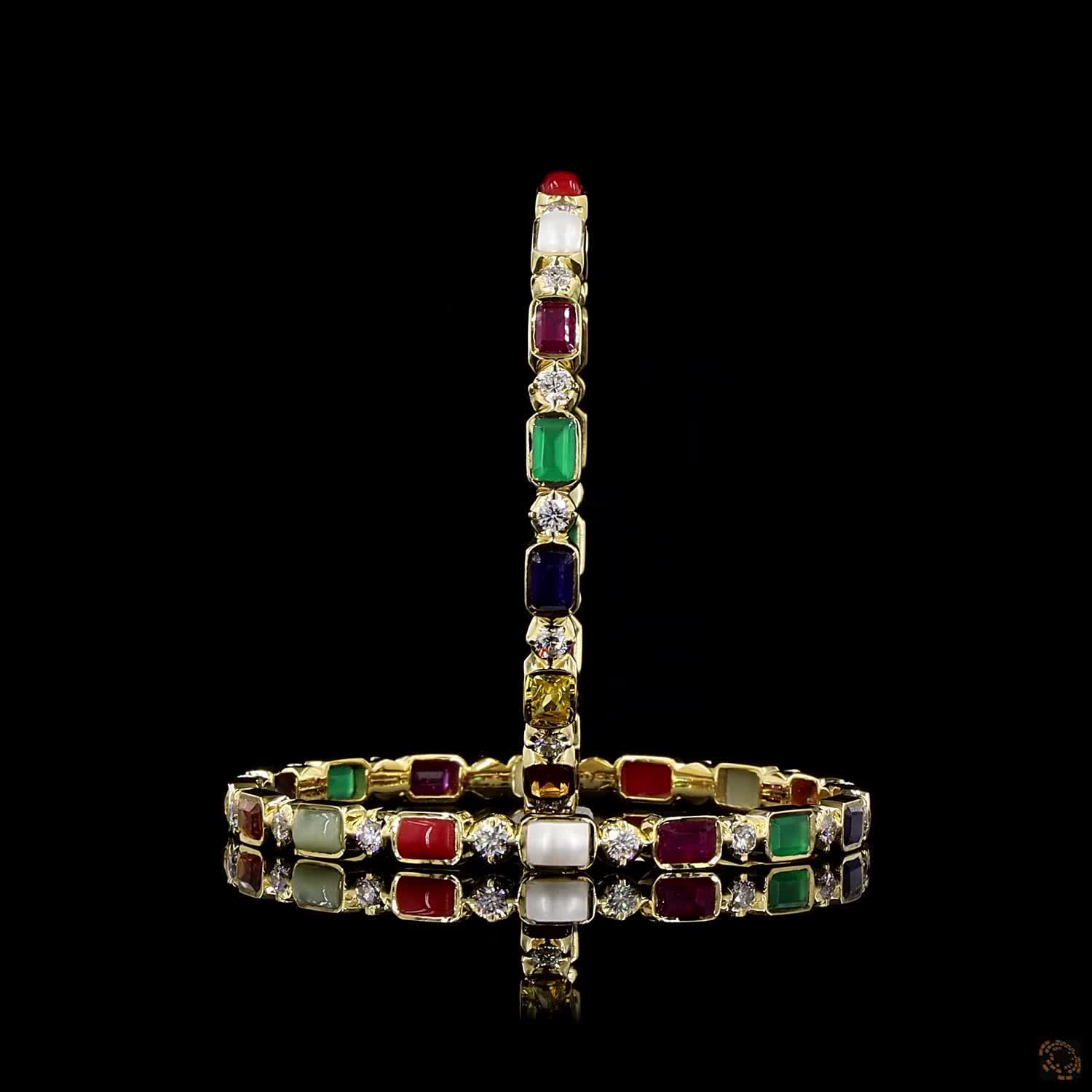 Navratna Stone Diamond Bangles in 18KT Yellow Gold