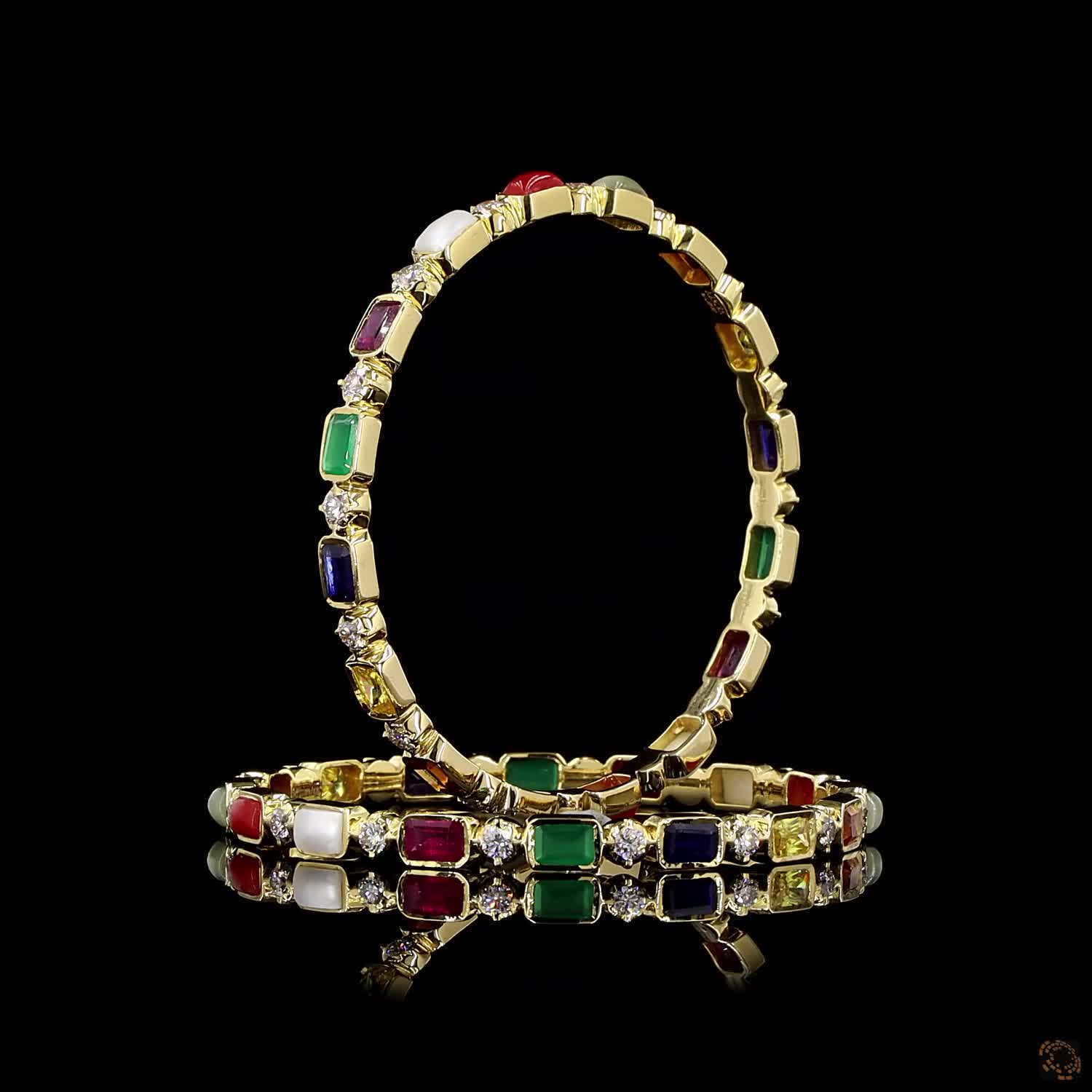 Navratna Stone Diamond Bangles in 18KT Yellow Gold
