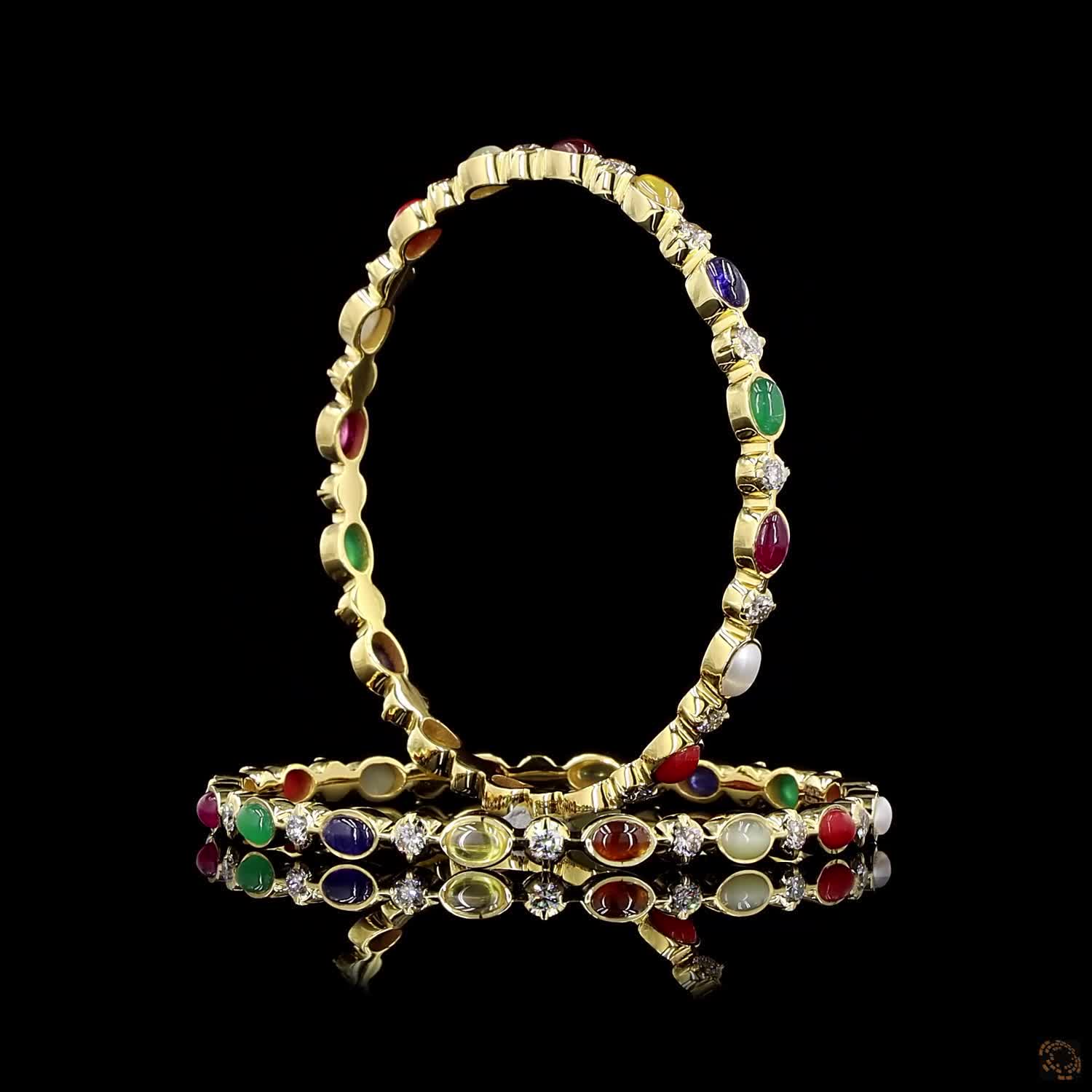 Navratna Stone Diamond Bangles in 18KT Yellow Gold