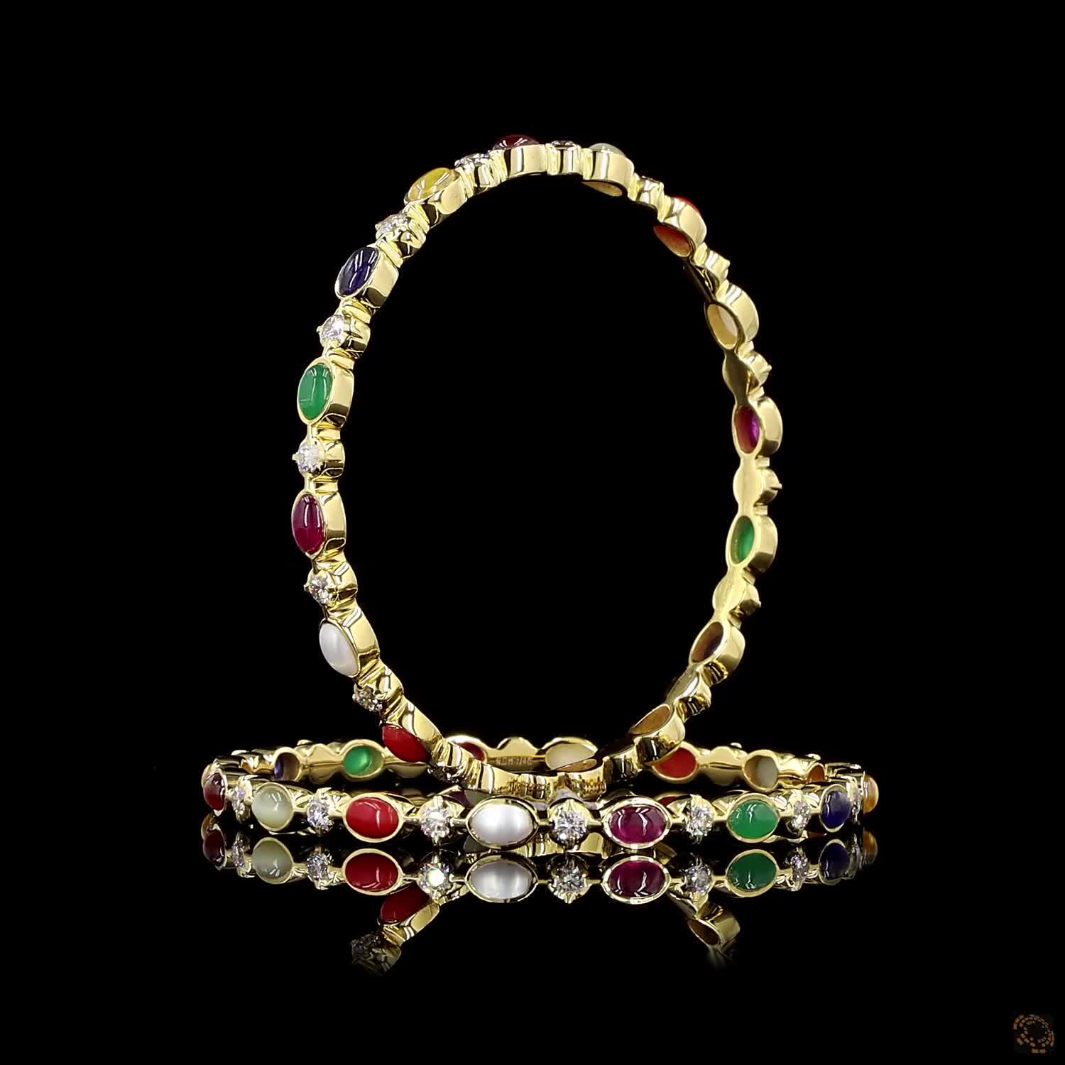 Navratna Stone Diamond Bangles in 18KT Yellow Gold