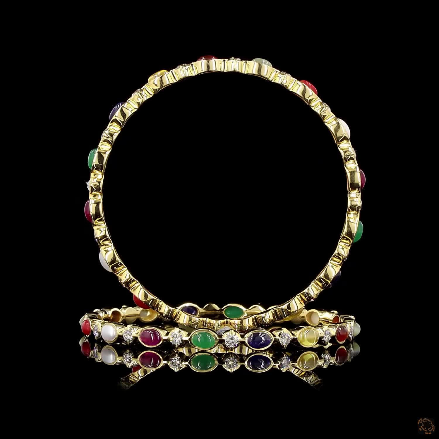 Navratna Stone Diamond Bangles in 18KT Yellow Gold