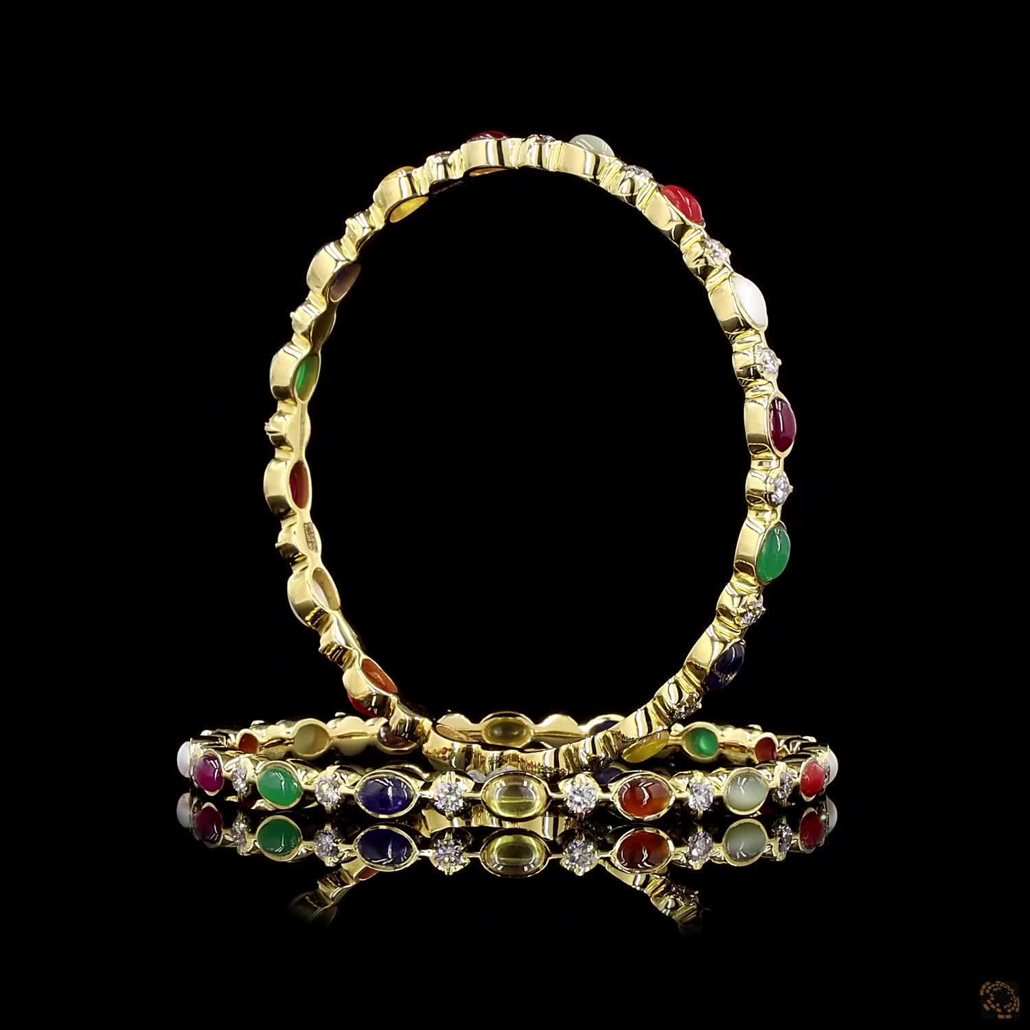 Navratna Stone Diamond Bangles in 18KT Yellow Gold