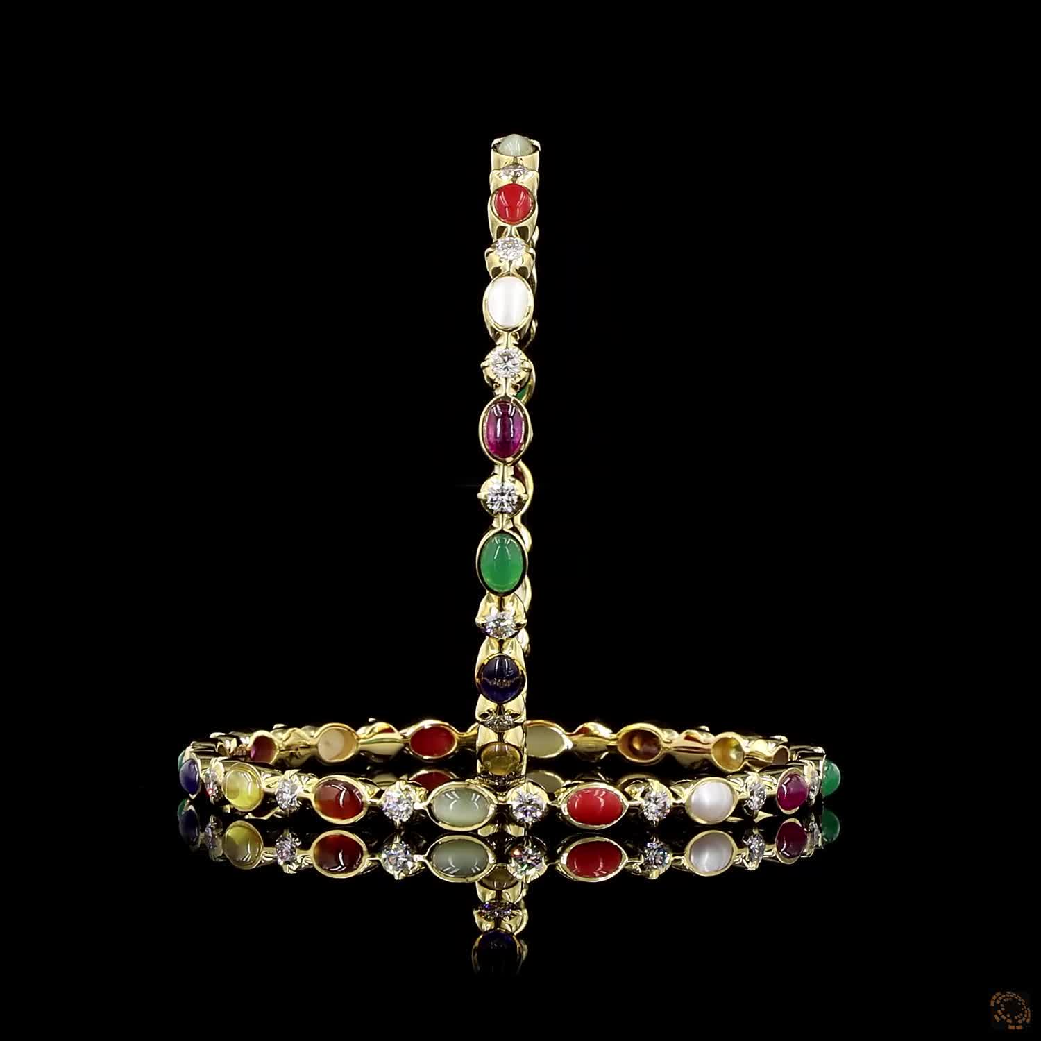 Navratna Stone Diamond Bangles in 18KT Yellow Gold
