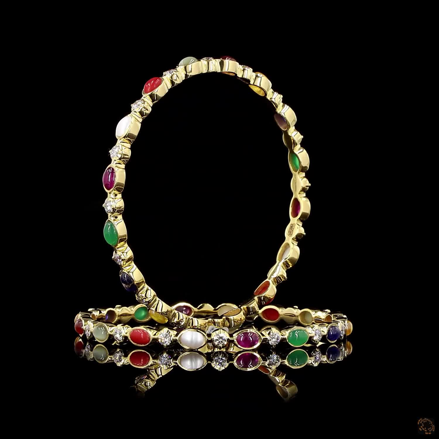 Navratna Stone Diamond Bangles in 18KT Yellow Gold