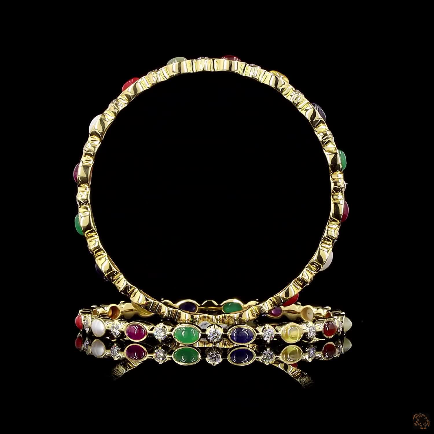 Navratna Stone Diamond Bangles in 18KT Yellow Gold