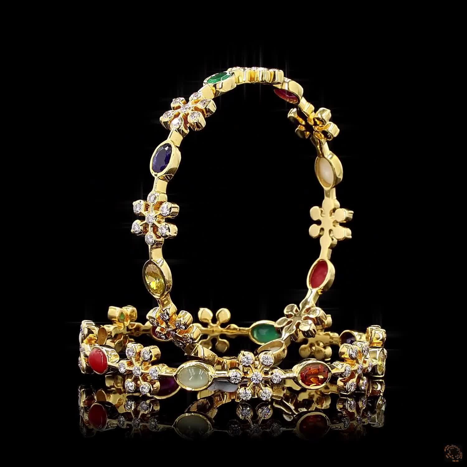 Navratna Stone Diamond Bangles in 18KT Yellow Gold