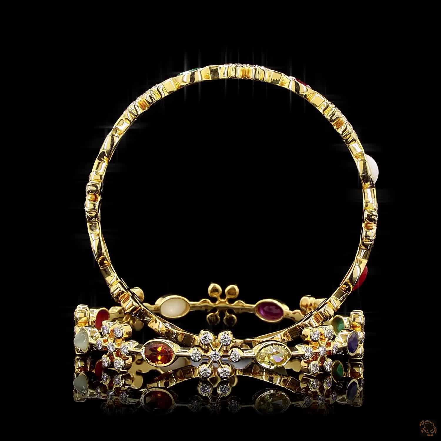 Navratna Stone Diamond Bangles in 18KT Yellow Gold