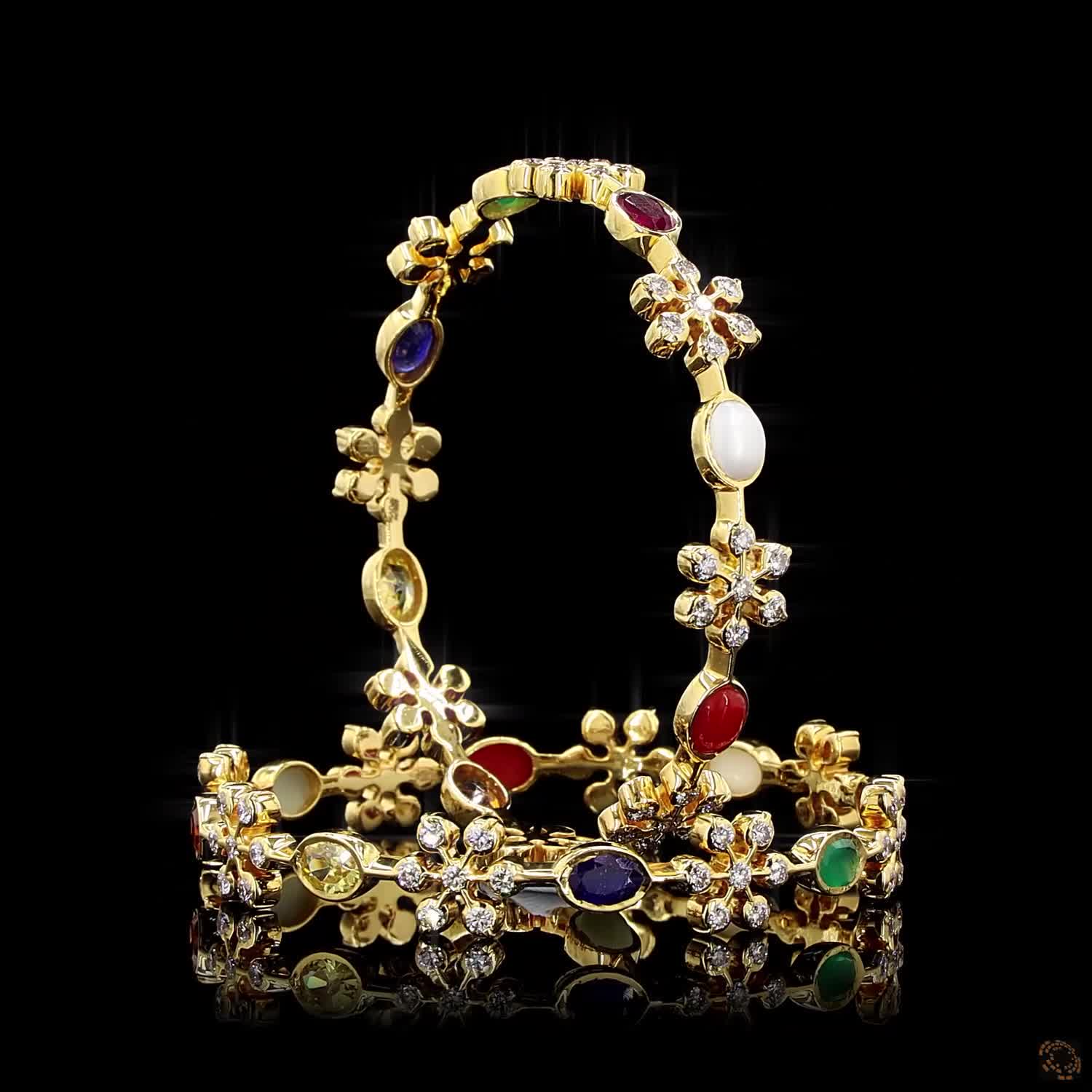 Navratna Stone Diamond Bangles in 18KT Yellow Gold
