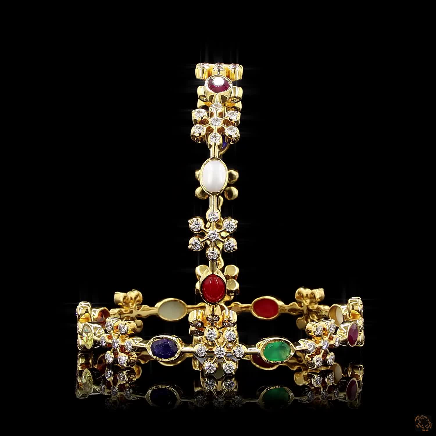 Navratna Stone Diamond Bangles in 18KT Yellow Gold