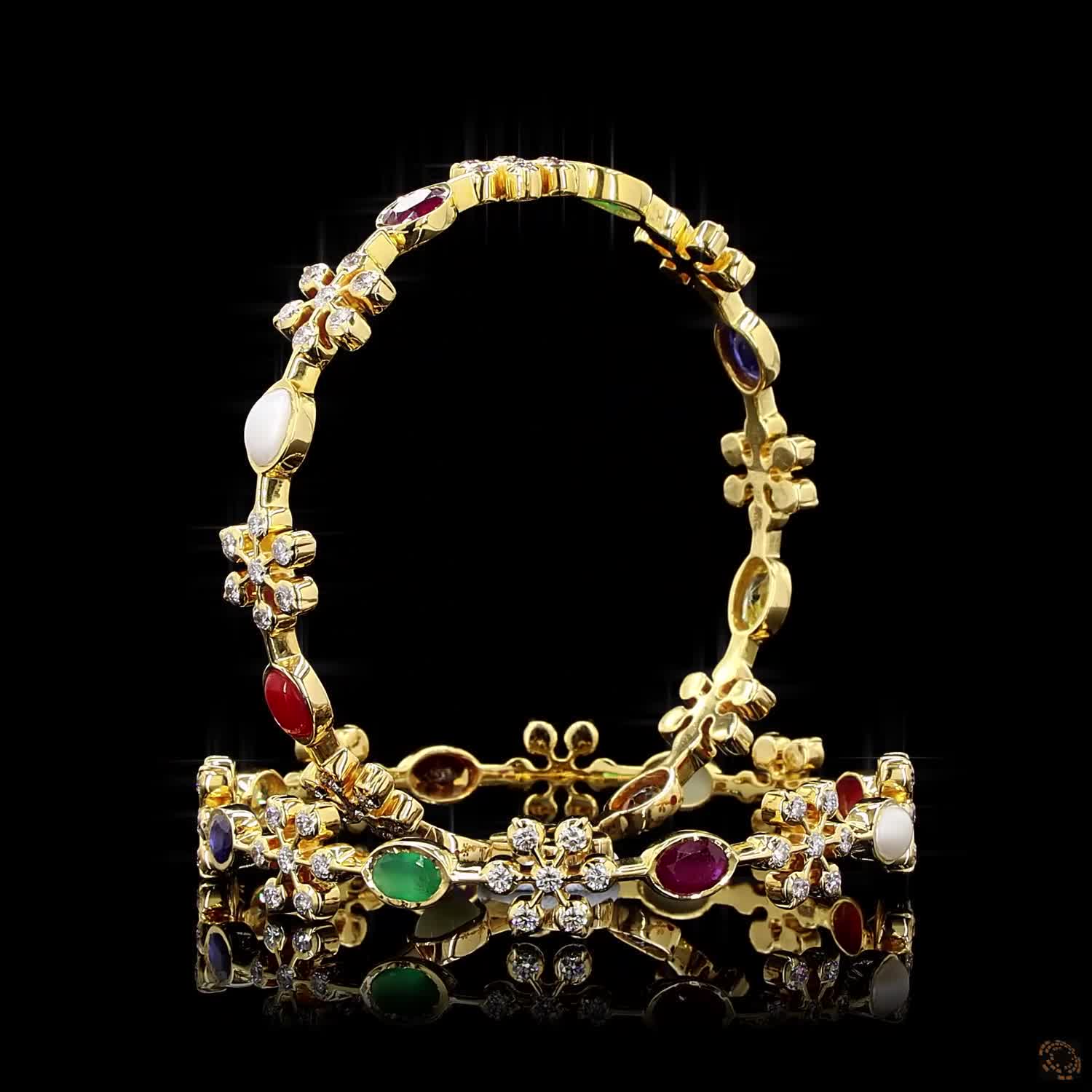 Navratna Stone Diamond Bangles in 18KT Yellow Gold