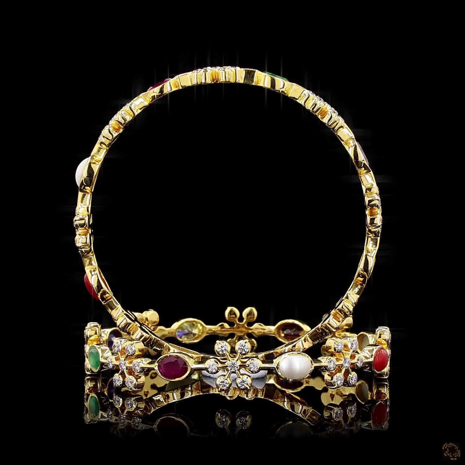 Navratna Stone Diamond Bangles in 18KT Yellow Gold