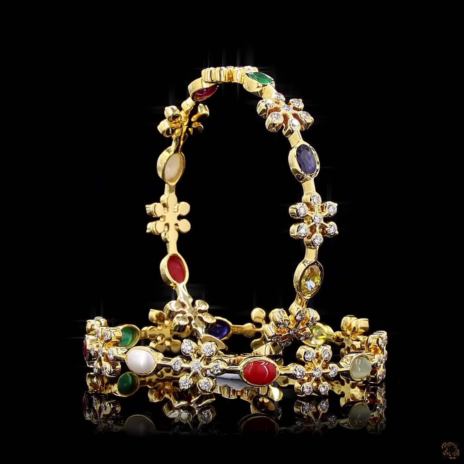 Navratna Stone Diamond Bangles in 18KT Yellow Gold