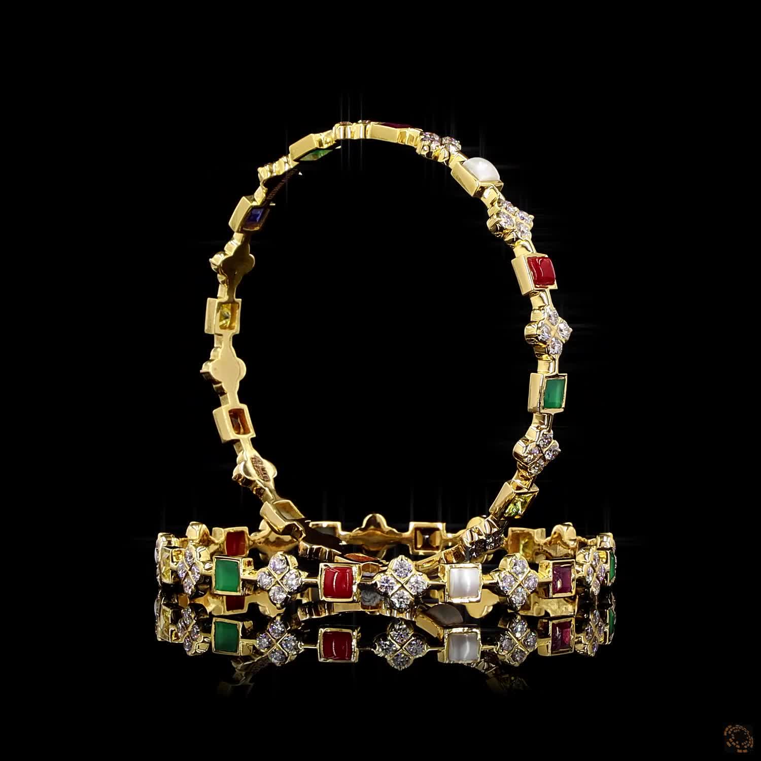 Navratna Stone Diamond Bangles in 18KT Yellow Gold