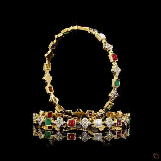 Navratna Stone Diamond Bangles in 18KT Yellow Gold