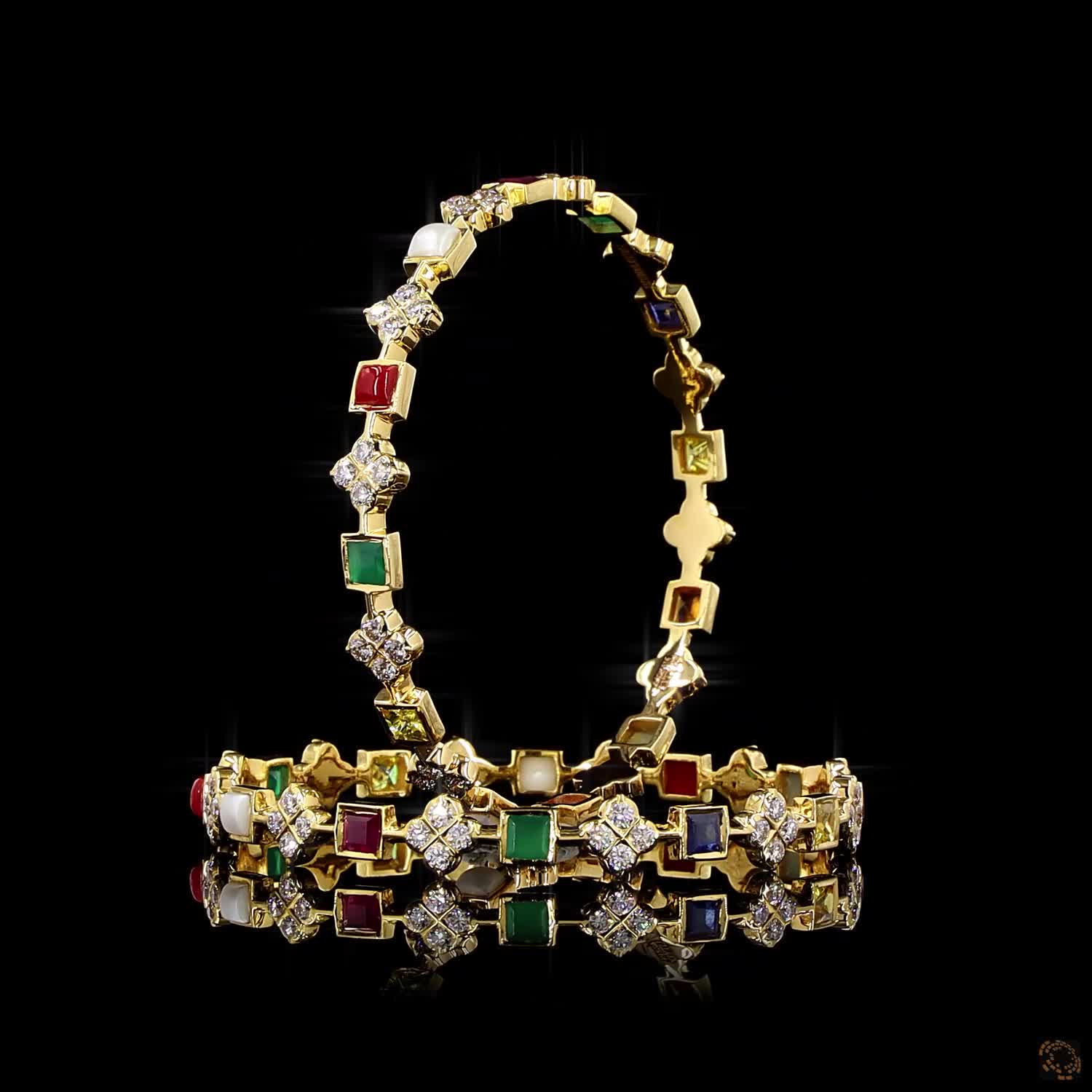 Navratna Stone Diamond Bangles in 18KT Yellow Gold