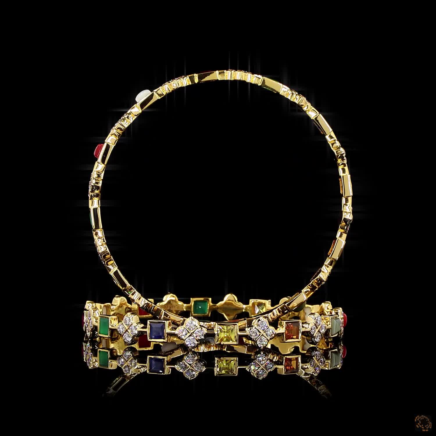 Navratna Stone Diamond Bangles in 18KT Yellow Gold