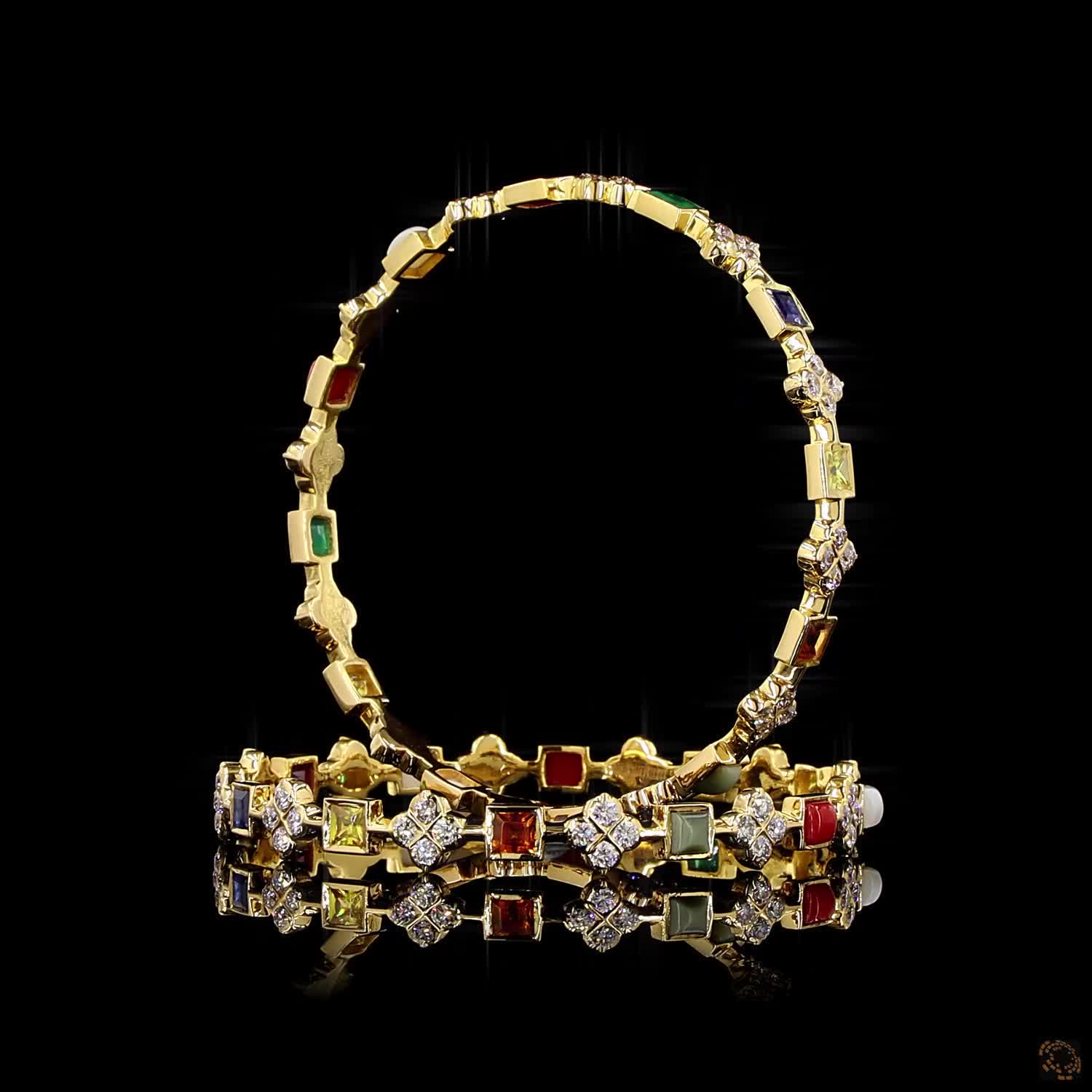 Navratna Stone Diamond Bangles in 18KT Yellow Gold