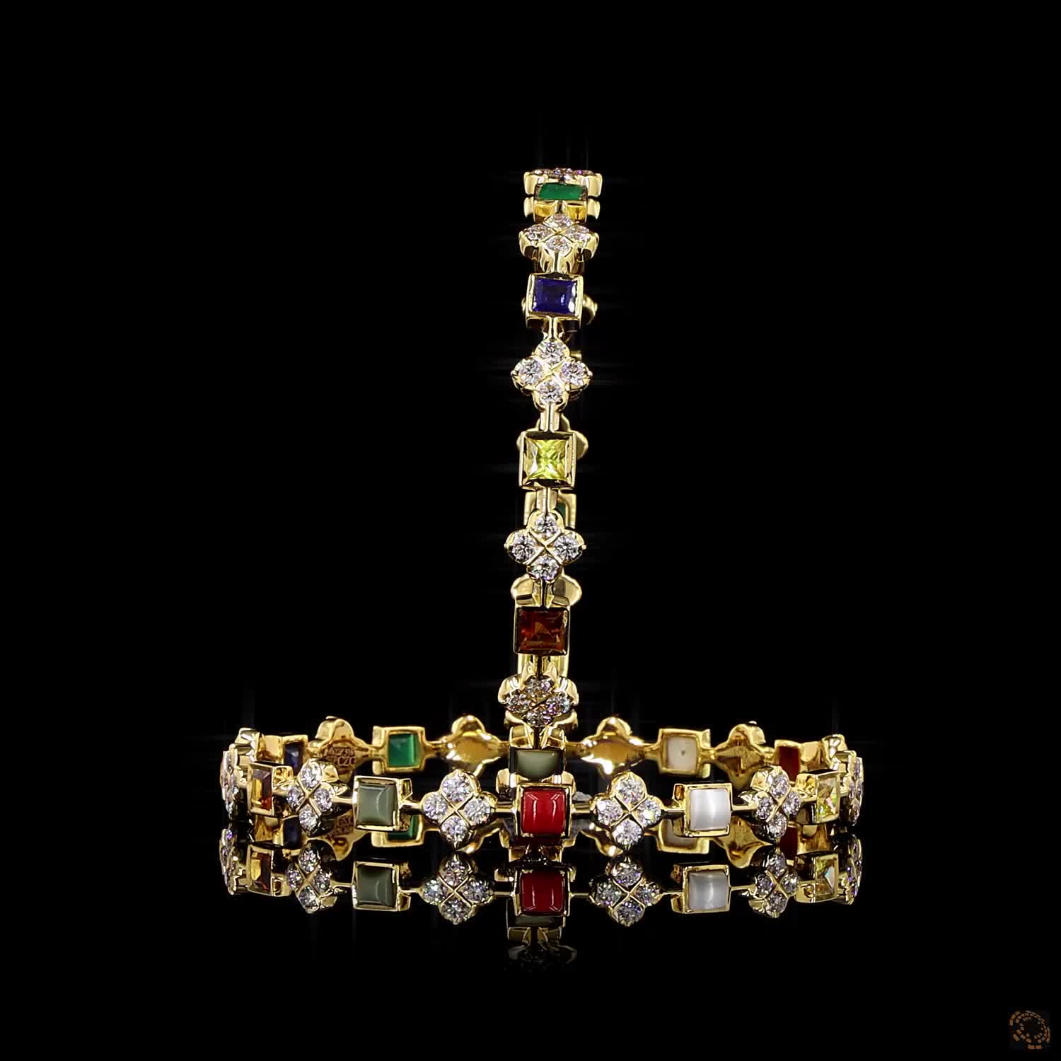 Navratna Stone Diamond Bangles in 18KT Yellow Gold
