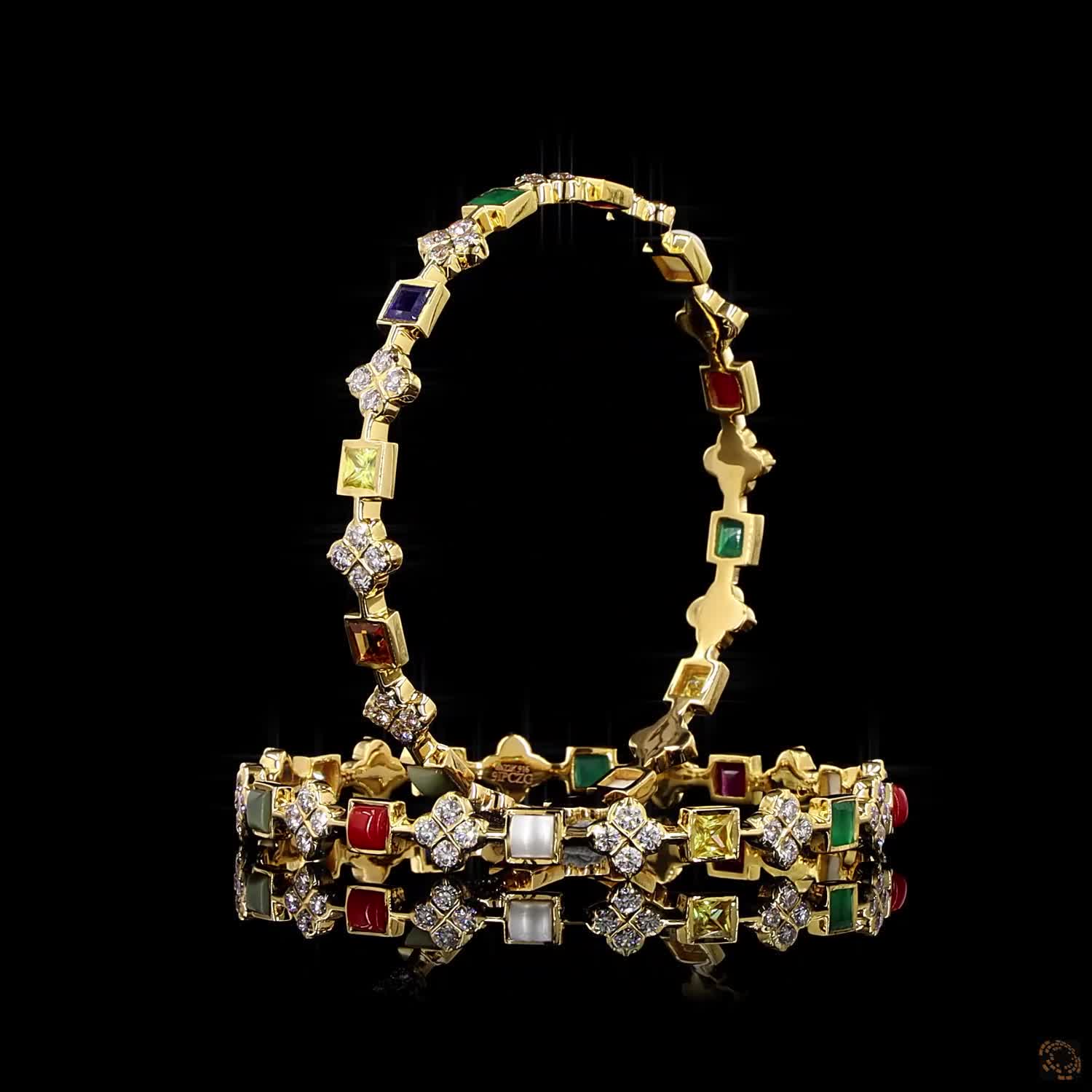 Navratna Stone Diamond Bangles in 18KT Yellow Gold