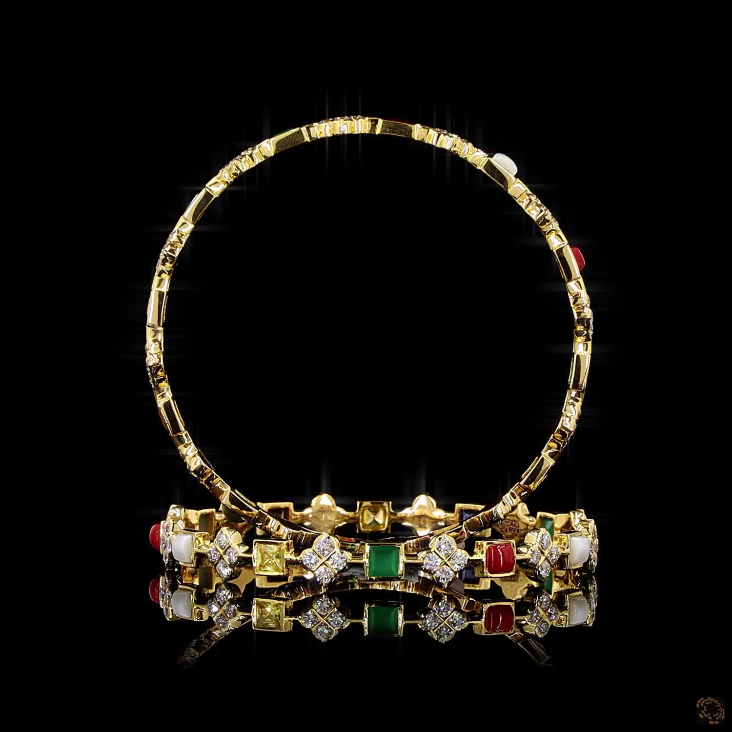 Navratna Stone Diamond Bangles in 18KT Yellow Gold