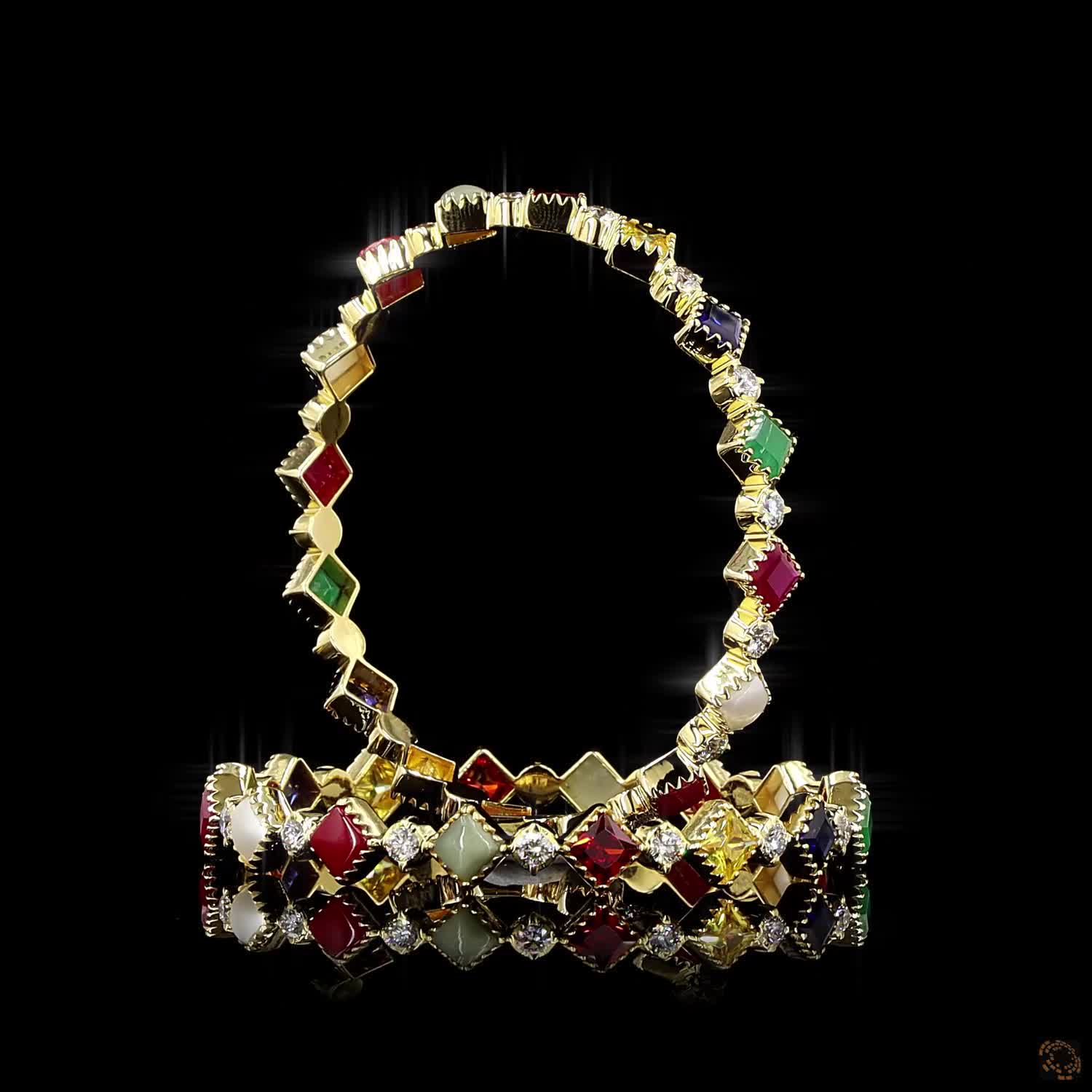 Navratna Stone Diamond Bangles in 18KT Yellow Gold
