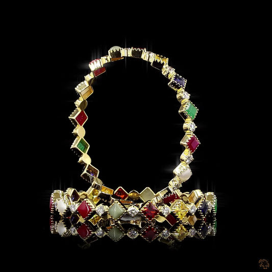 Navratna Stone Diamond Bangles in 18KT Yellow Gold