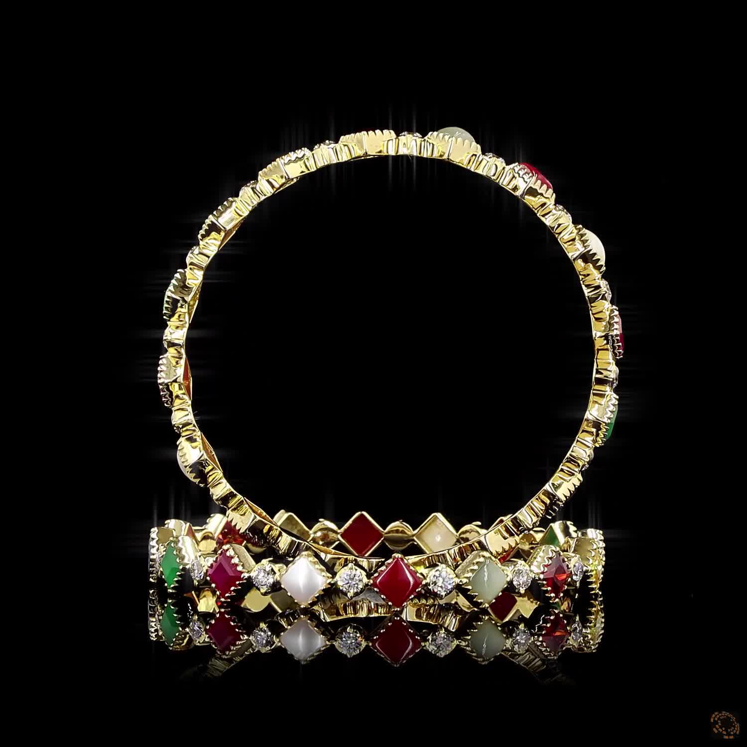 Navratna Stone Diamond Bangles in 18KT Yellow Gold