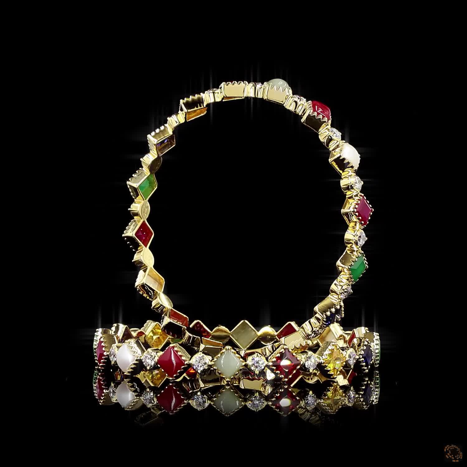 Navratna Stone Diamond Bangles in 18KT Yellow Gold