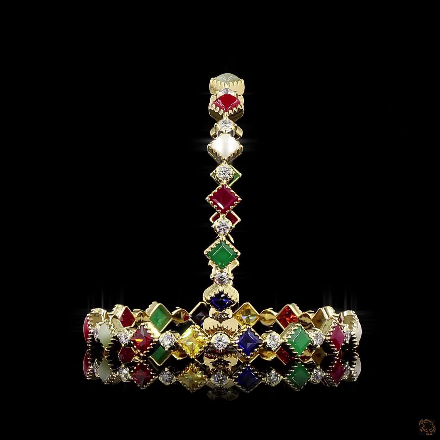 Navratna Stone Diamond Bangles in 18KT Yellow Gold