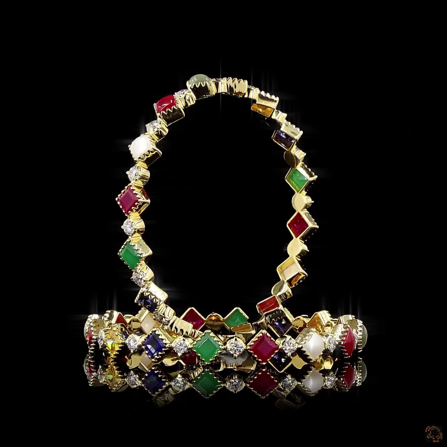 Navratna Stone Diamond Bangles in 18KT Yellow Gold