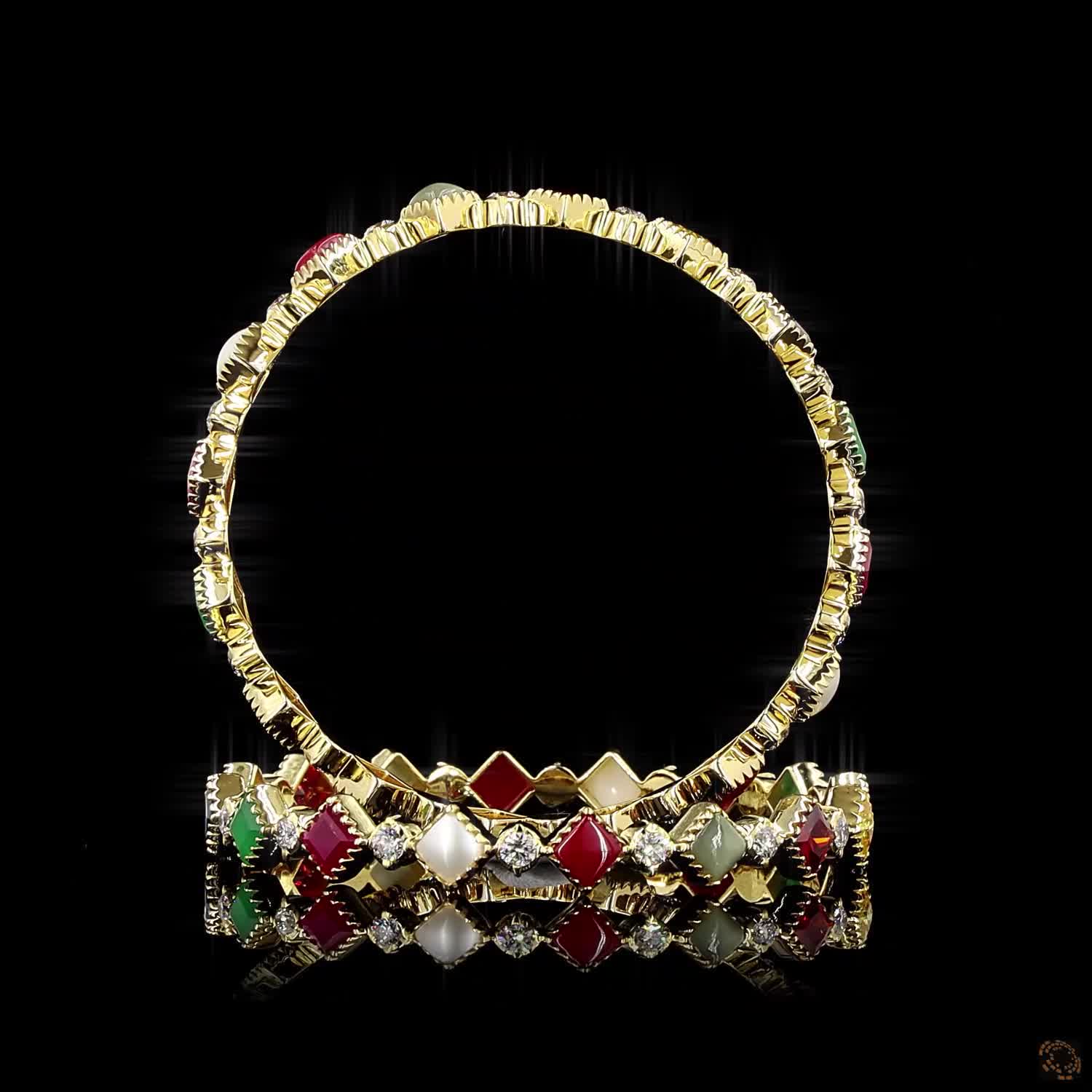 Navratna Stone Diamond Bangles in 18KT Yellow Gold