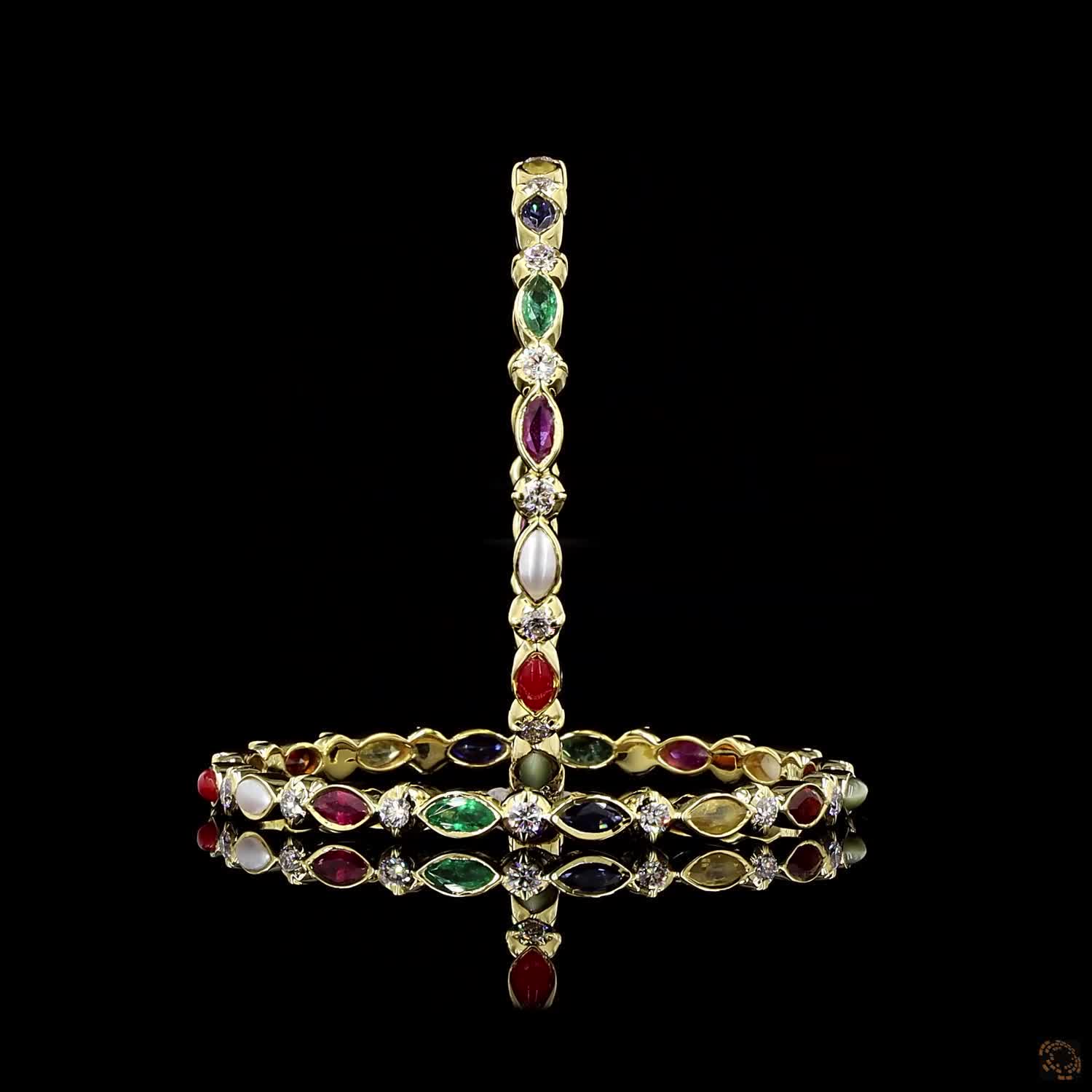 Navratna Stone Diamond Bangles in 18KT Yellow Gold