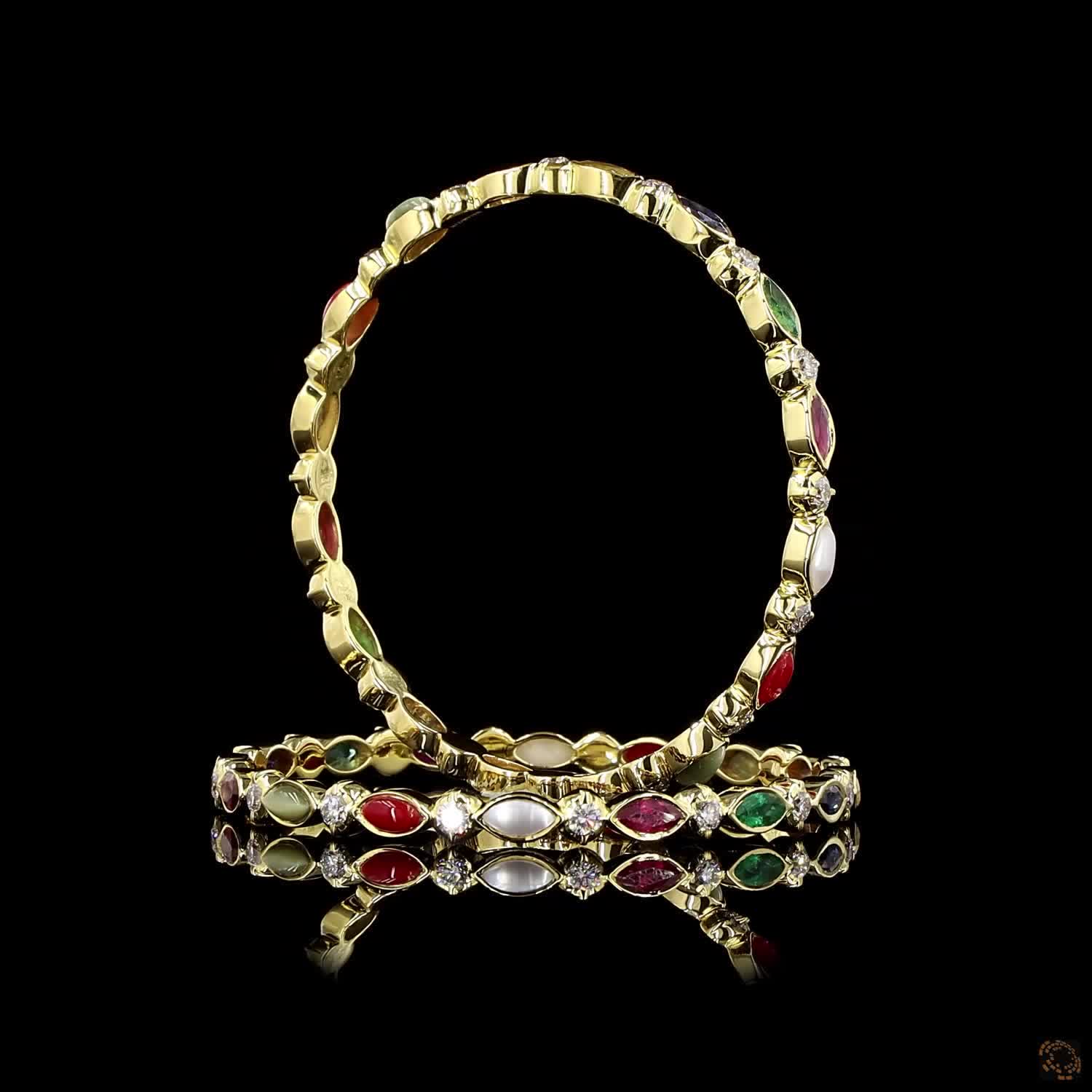 Navratna Stone Diamond Bangles in 18KT Yellow Gold