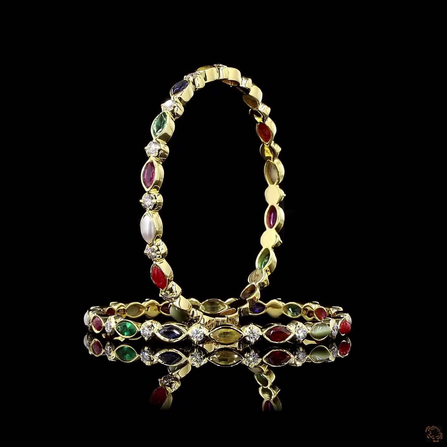 Navratna Stone Diamond Bangles in 18KT Yellow Gold