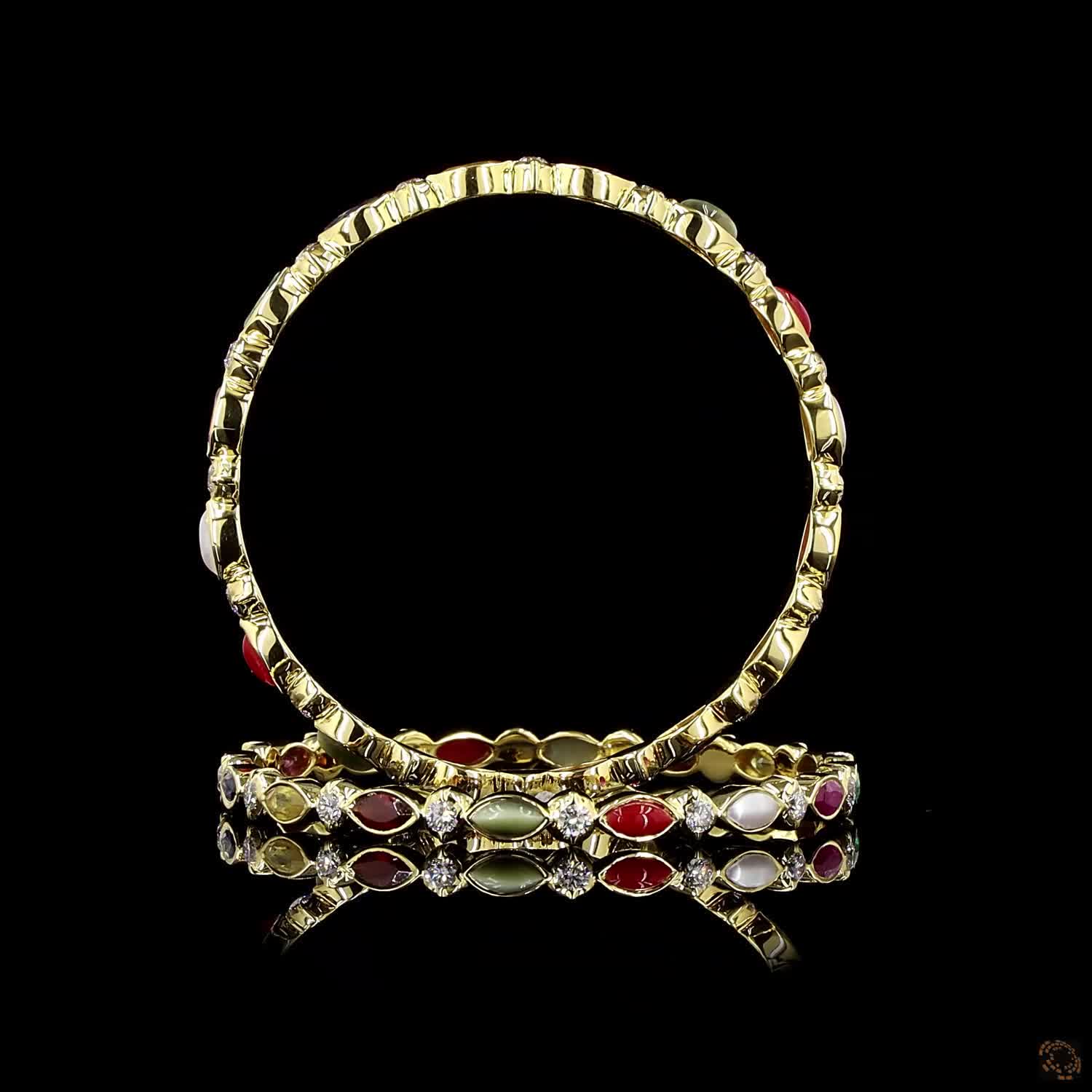 Navratna Stone Diamond Bangles in 18KT Yellow Gold