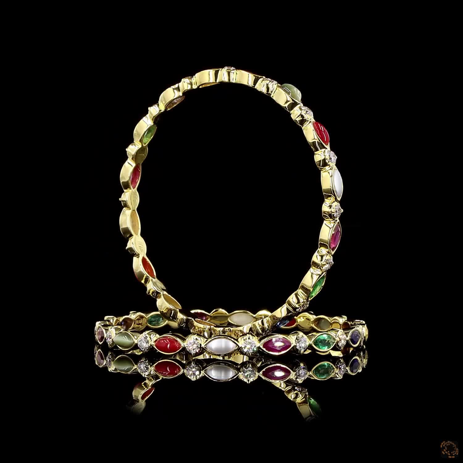 Navratna Stone Diamond Bangles in 18KT Yellow Gold