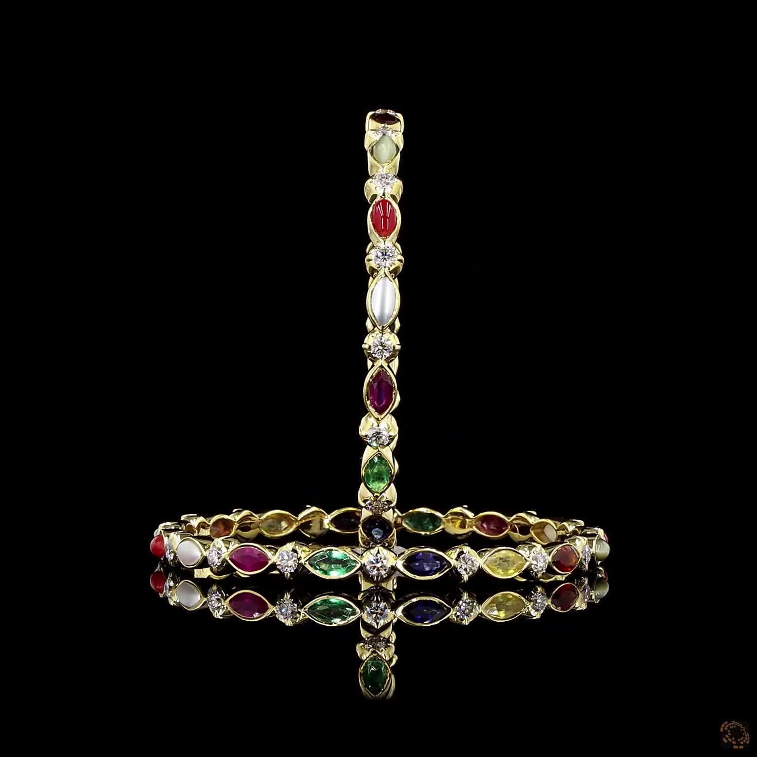 Navratna Stone Diamond Bangles in 18KT Yellow Gold