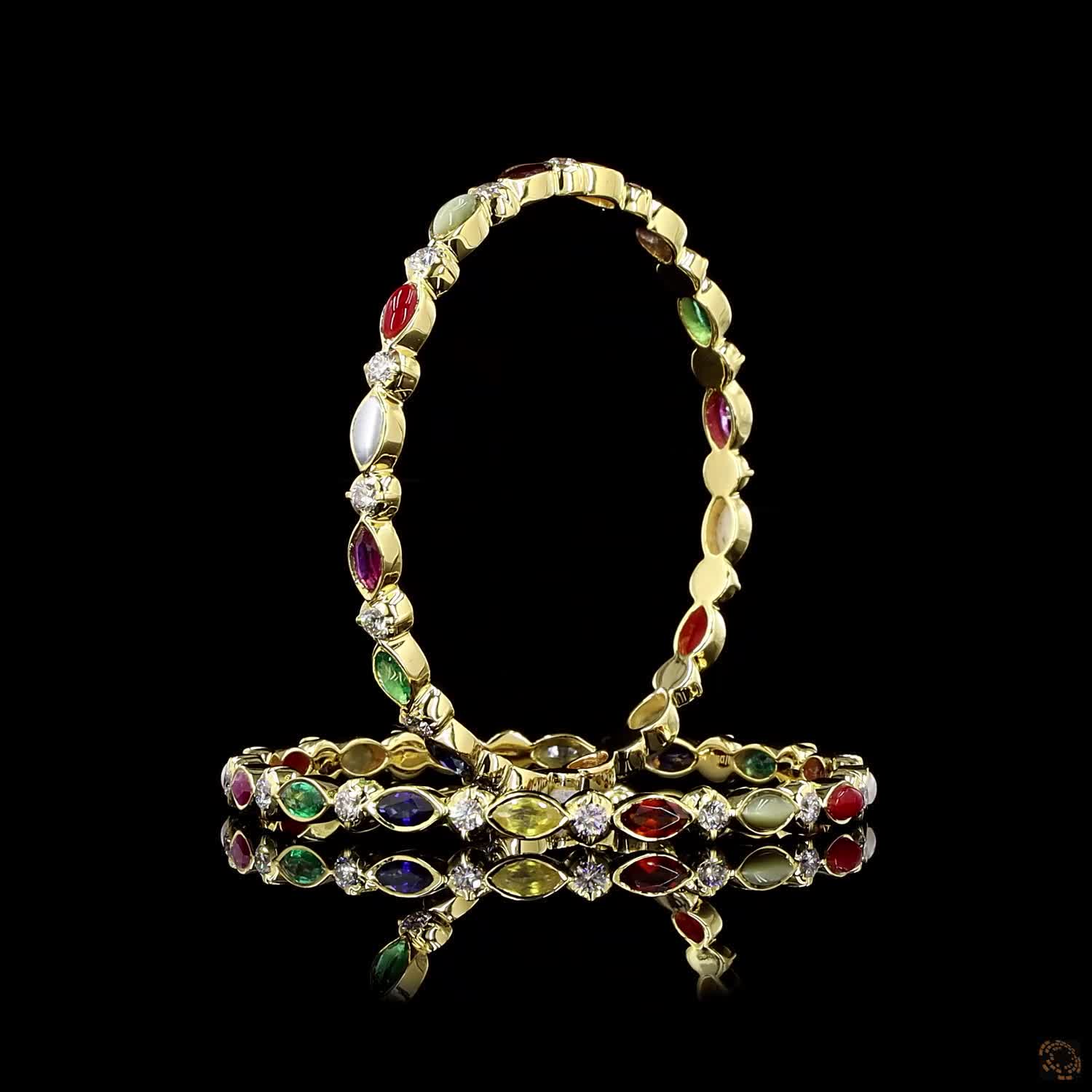 Navratna Stone Diamond Bangles in 18KT Yellow Gold