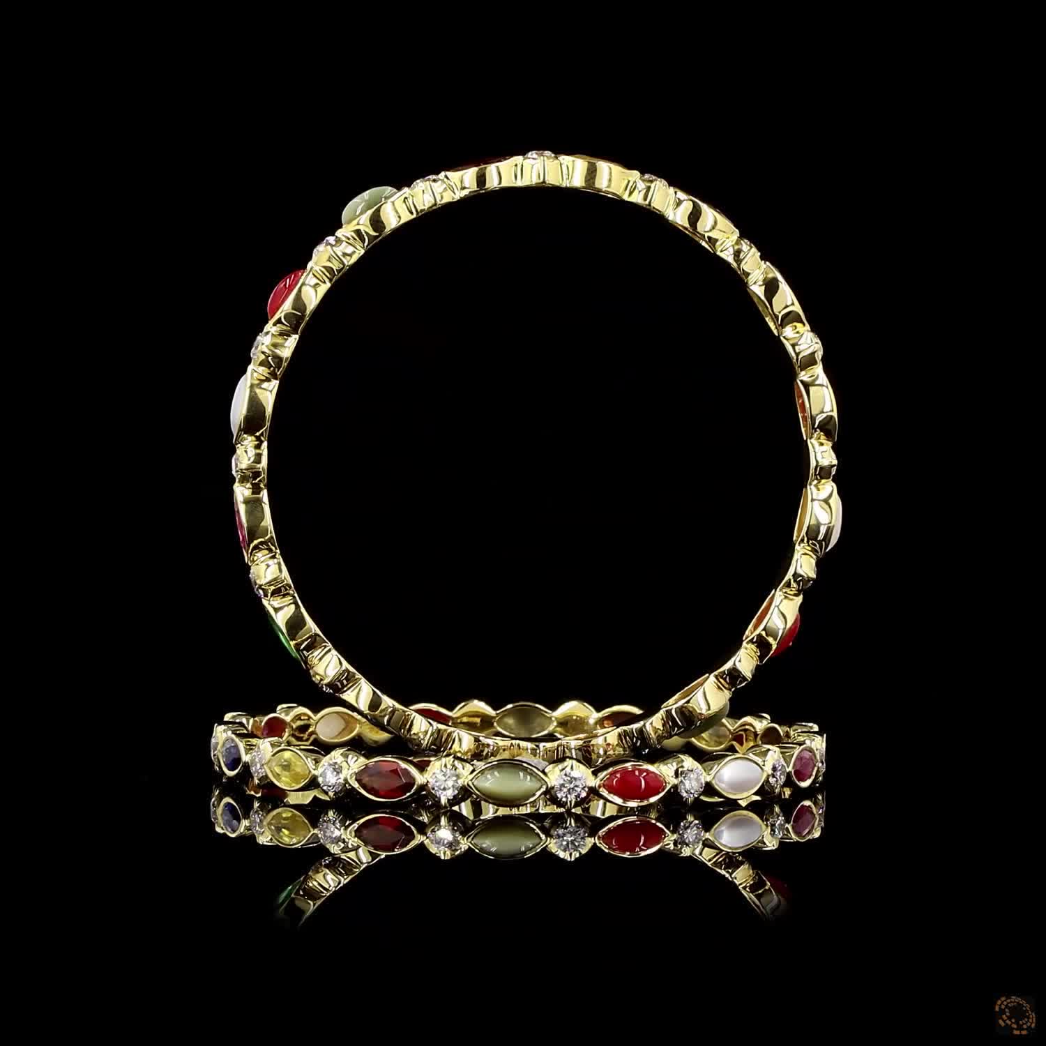 Navratna Stone Diamond Bangles in 18KT Yellow Gold